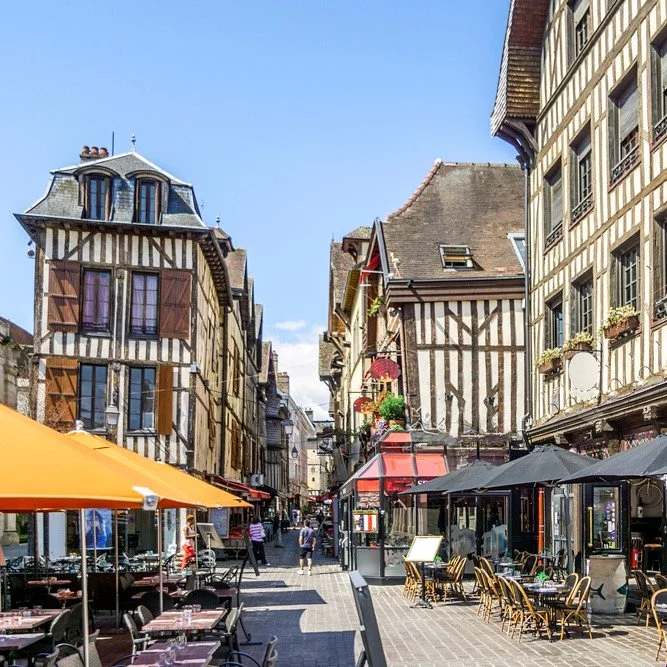 Half timbered medieval houses at market square in Troyes, Aube, France